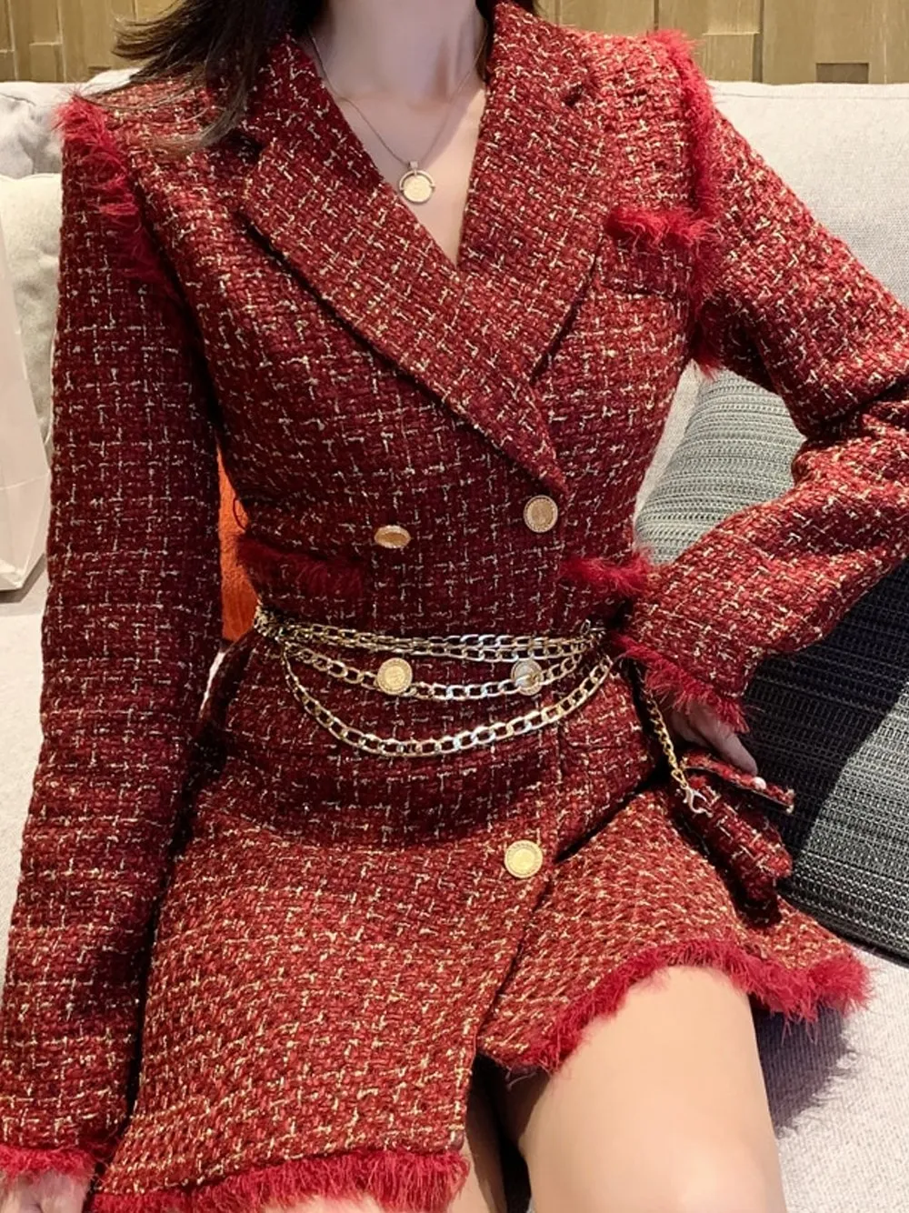 Tweed Double Breasted Blazer Dress w/ Chain Belt Bag