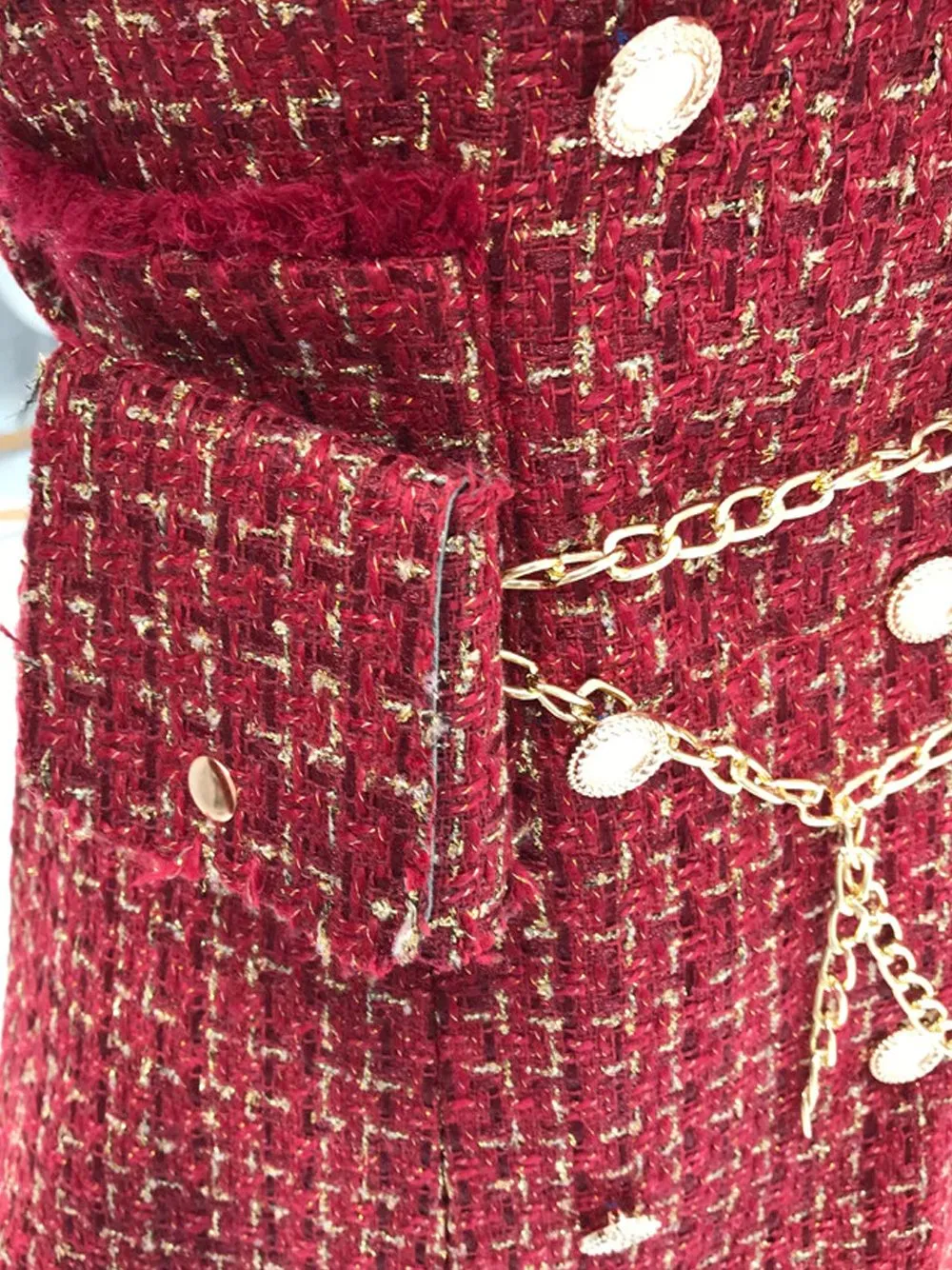 Tweed Double Breasted Blazer Dress w/ Chain Belt Bag