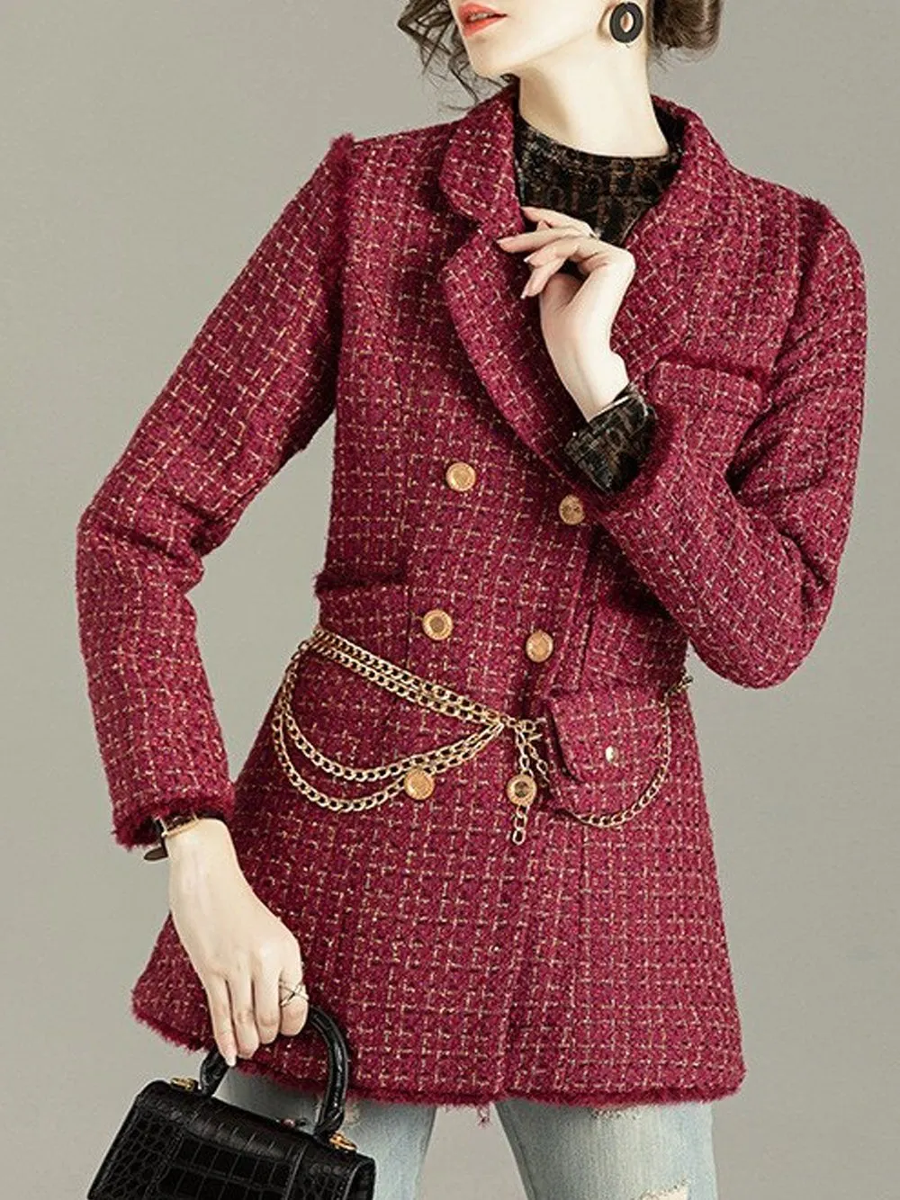 Tweed Double Breasted Blazer Dress w/ Chain Belt Bag
