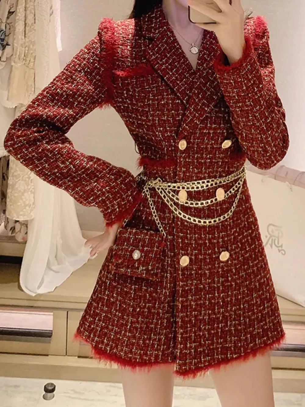 Tweed Double Breasted Blazer Dress w/ Chain Belt Bag