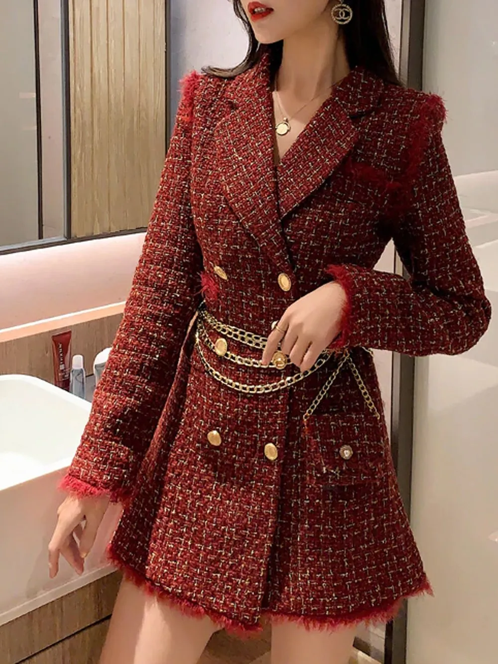 Tweed Double Breasted Blazer Dress w/ Chain Belt Bag