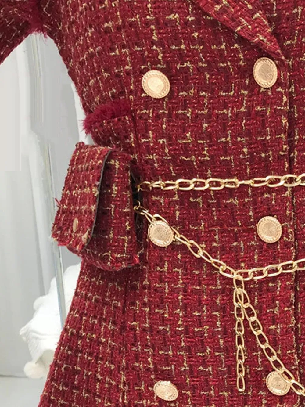 Tweed Double Breasted Blazer Dress w/ Chain Belt Bag