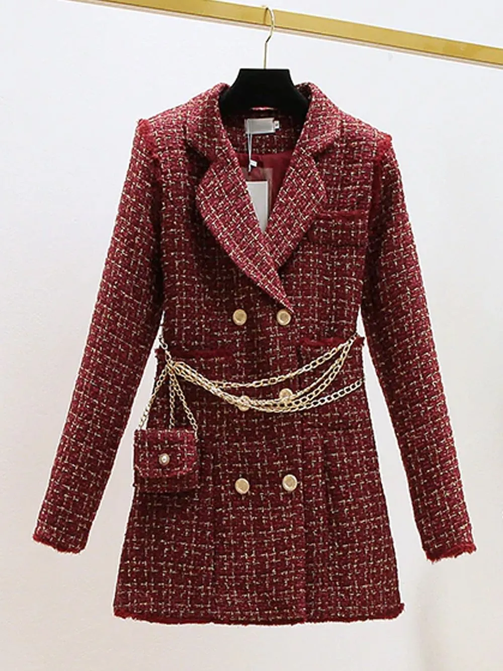 Tweed Double Breasted Blazer Dress w/ Chain Belt Bag
