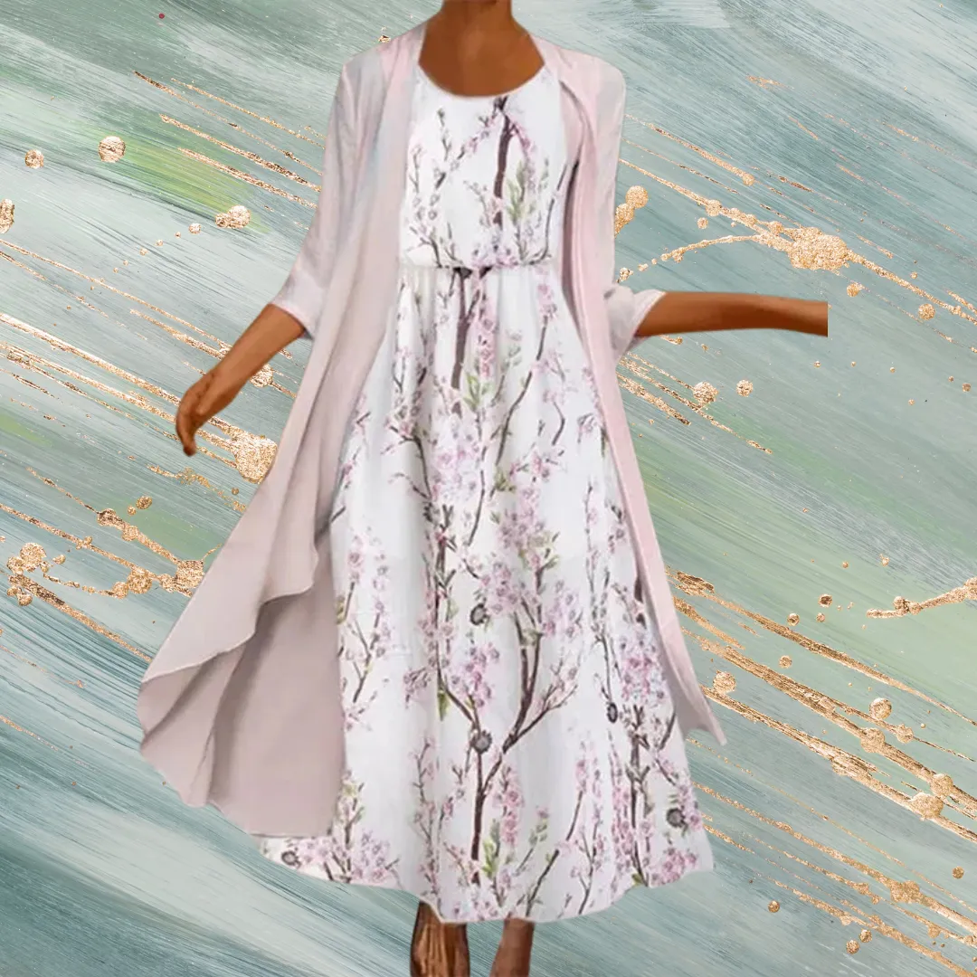 Two Piece Floral Print Maxi Dress and Cardigan