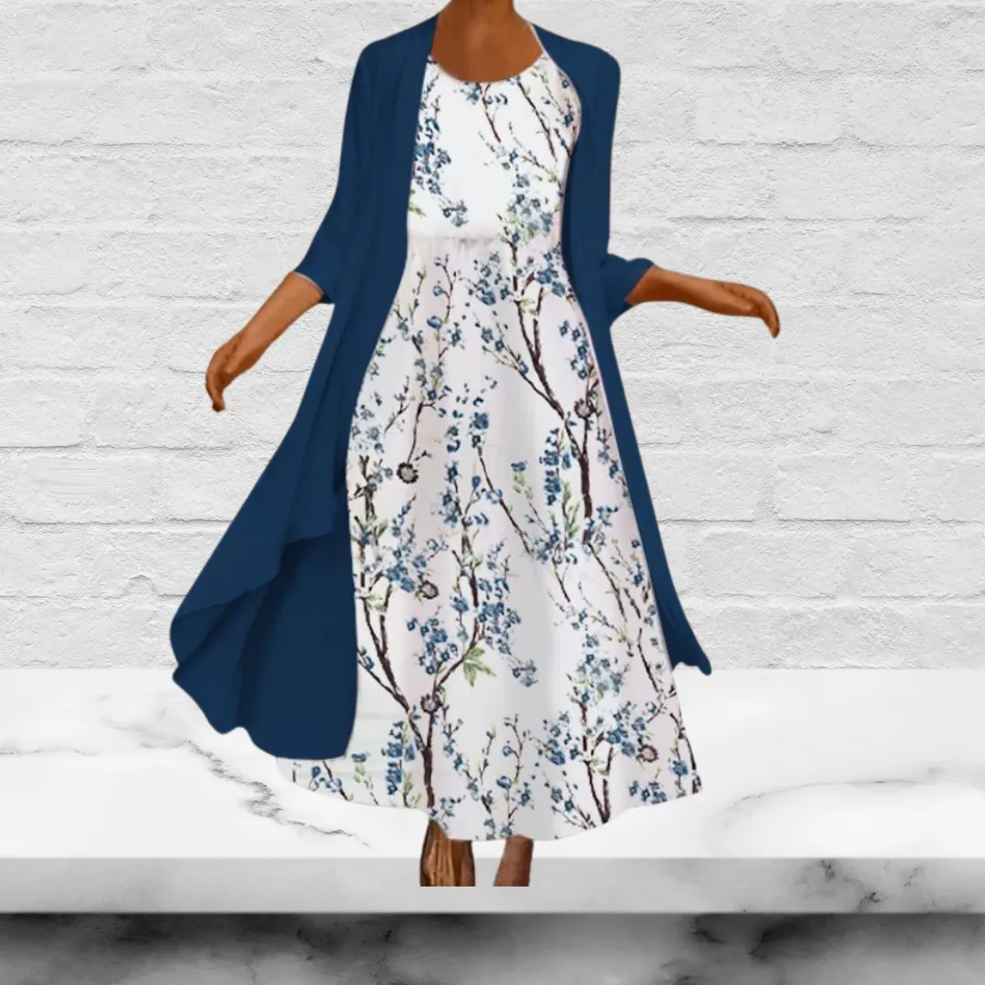 Two Piece Floral Print Maxi Dress and Cardigan