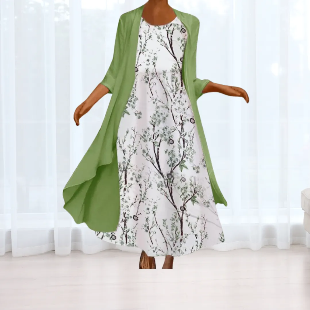 Two Piece Floral Print Maxi Dress and Cardigan