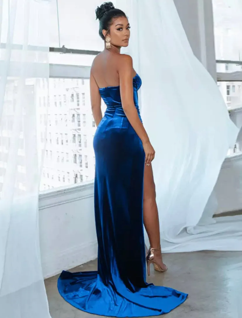 Velvet Corset Side Split Maxi Dress