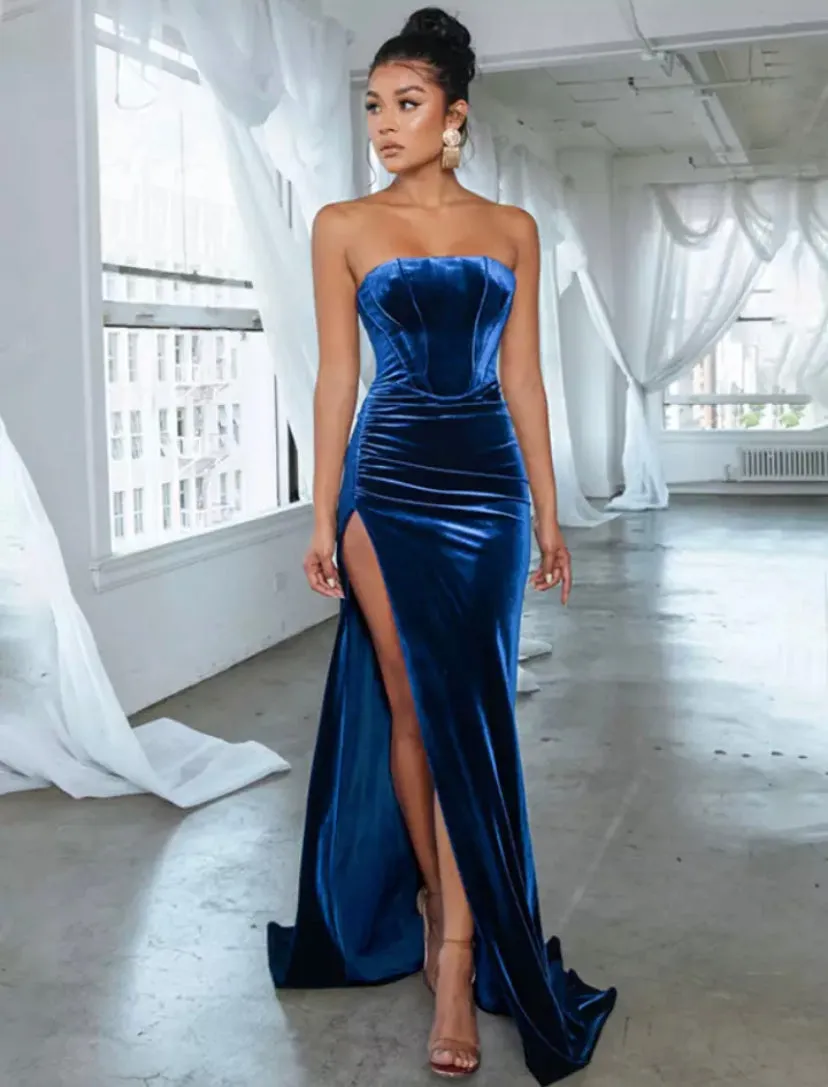 Velvet Corset Side Split Maxi Dress