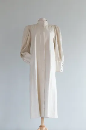 Vintage Ivory Pearl Leather Midi Coat With Micro Pleated Sleeves / SM