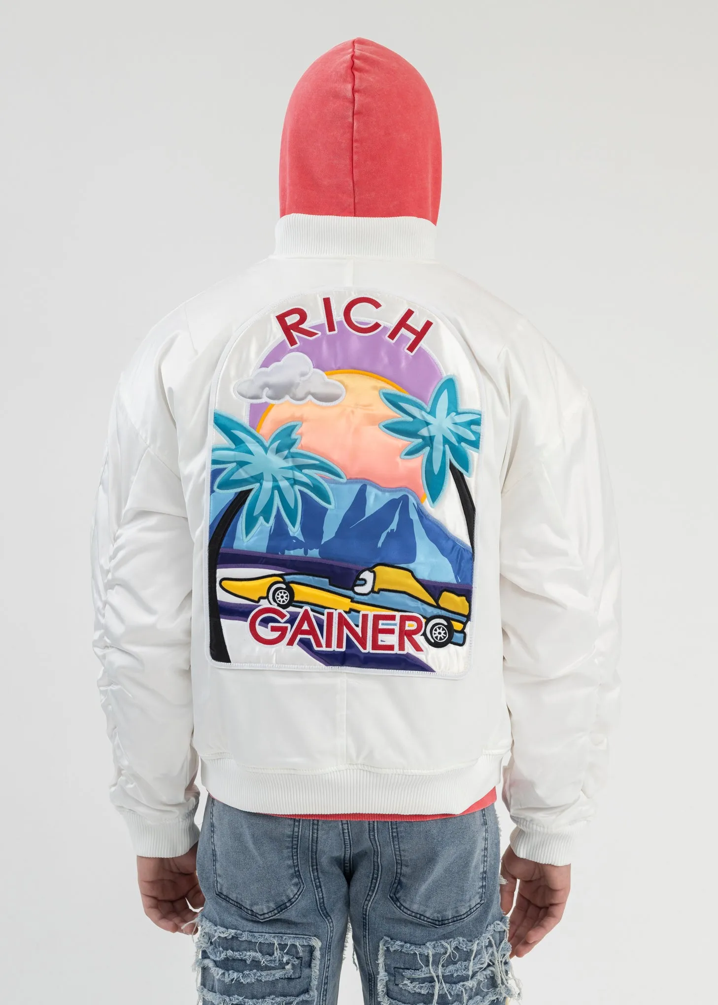 WHITE EMBROIDERY PATCHWORK  BOMBER JACKET