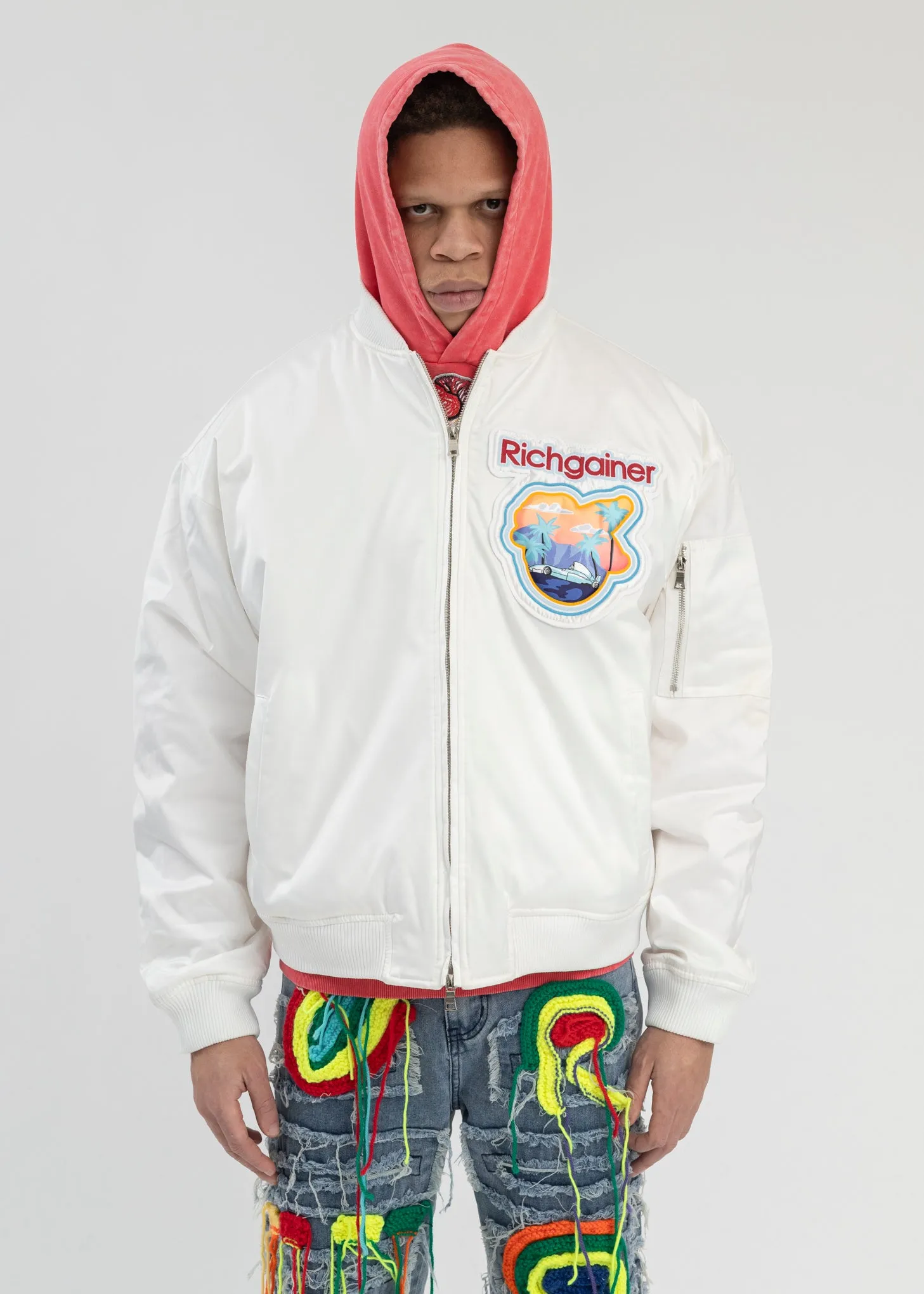 WHITE EMBROIDERY PATCHWORK  BOMBER JACKET