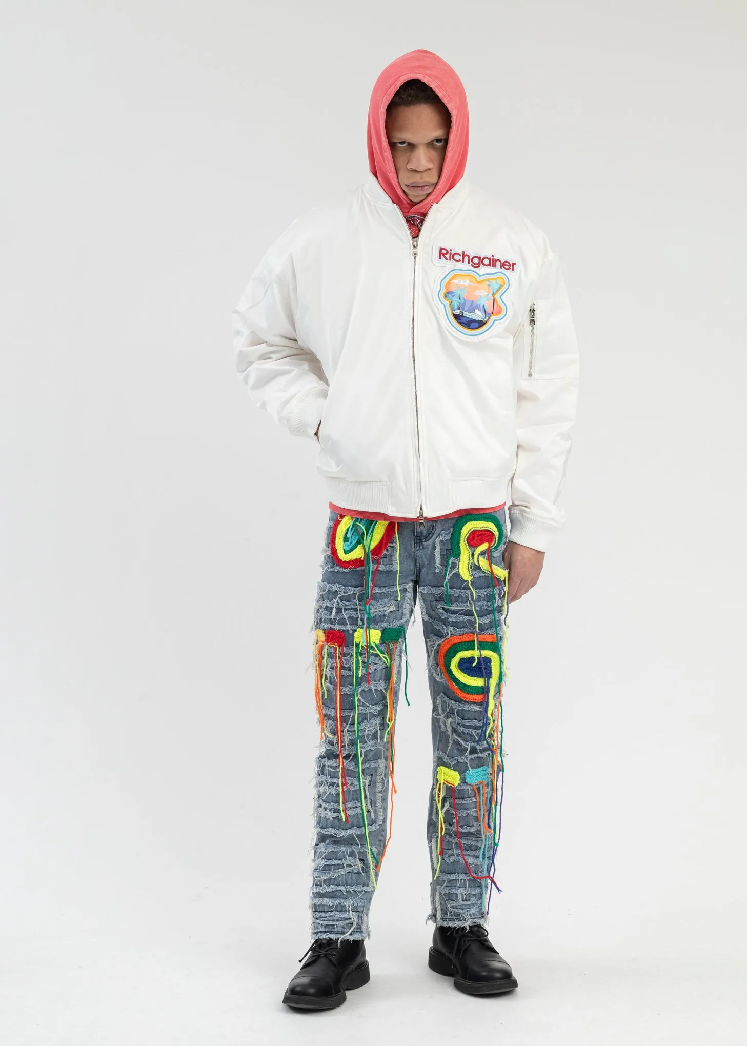 WHITE EMBROIDERY PATCHWORK  BOMBER JACKET