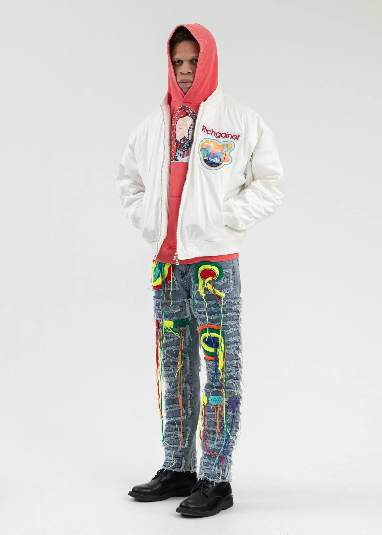 WHITE EMBROIDERY PATCHWORK  BOMBER JACKET