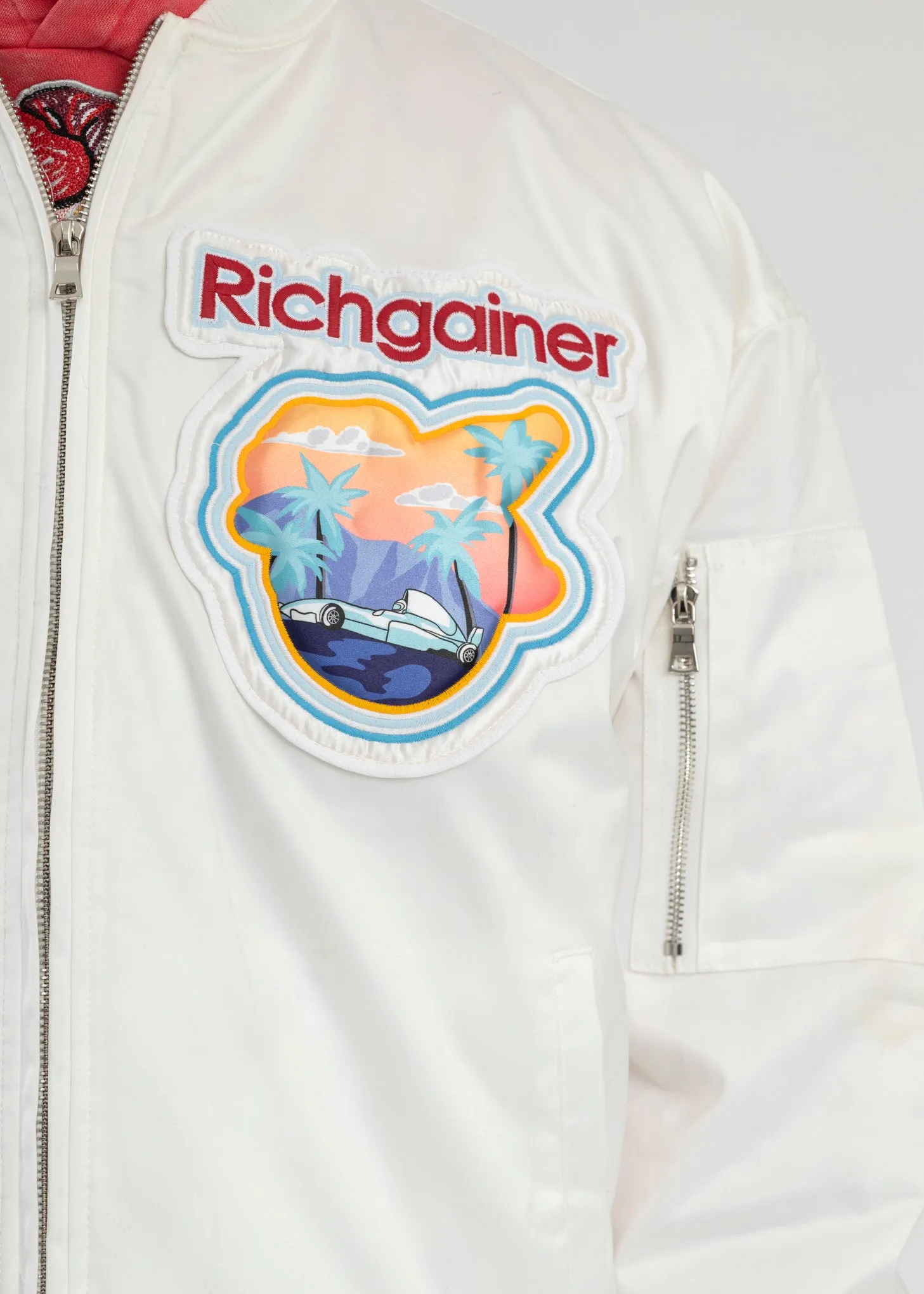 WHITE EMBROIDERY PATCHWORK  BOMBER JACKET