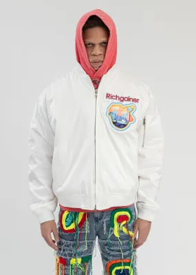 WHITE EMBROIDERY PATCHWORK  BOMBER JACKET