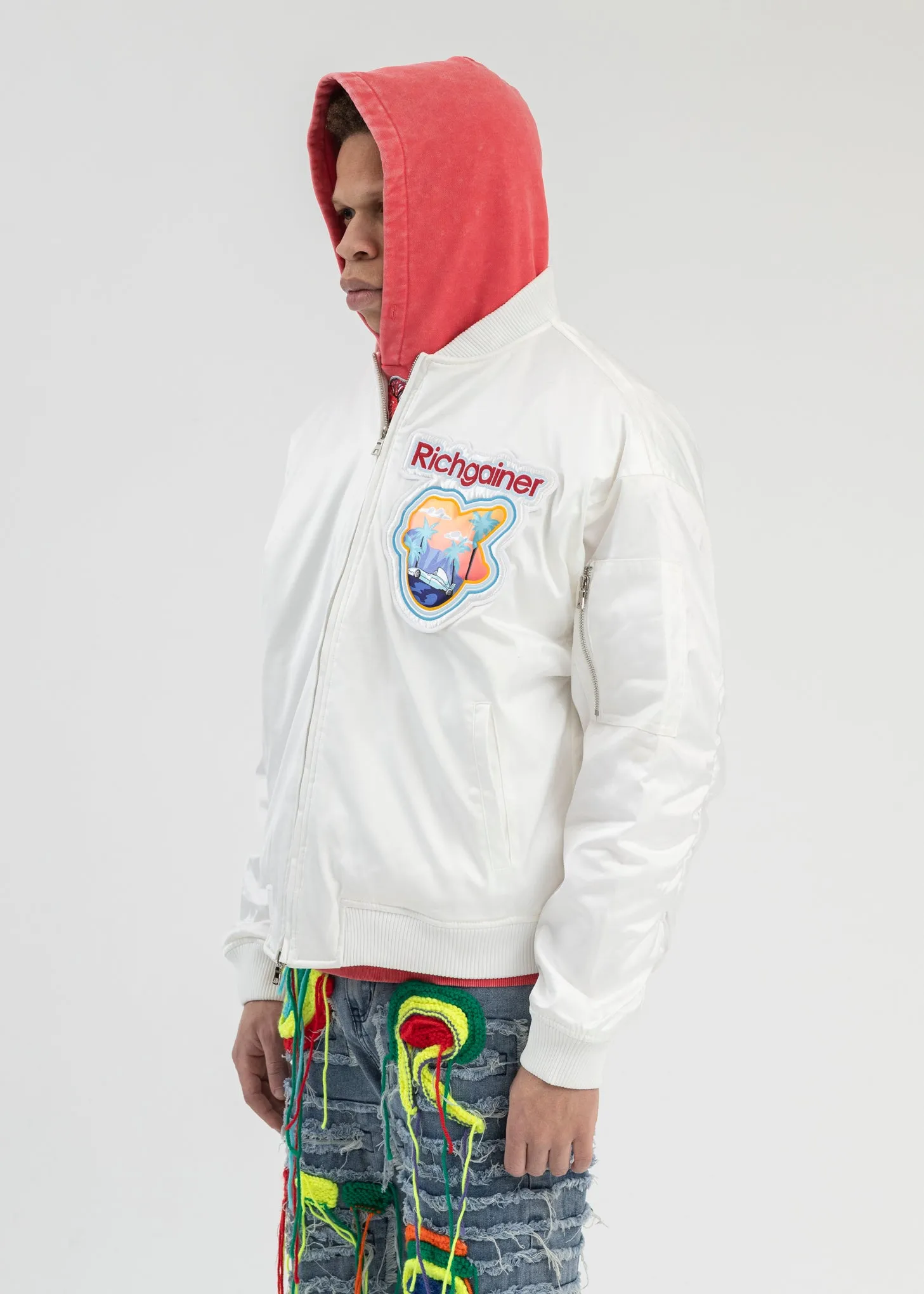 WHITE EMBROIDERY PATCHWORK  BOMBER JACKET