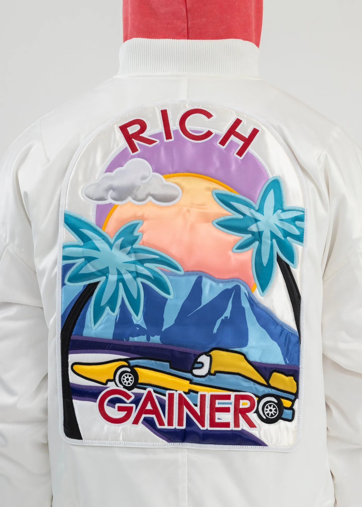 WHITE EMBROIDERY PATCHWORK  BOMBER JACKET