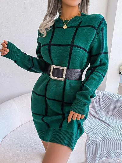 Windowpane Crew Neck Sweater Dress