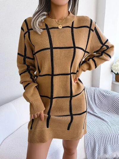 Windowpane Crew Neck Sweater Dress