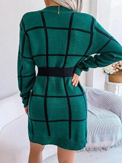 Windowpane Crew Neck Sweater Dress