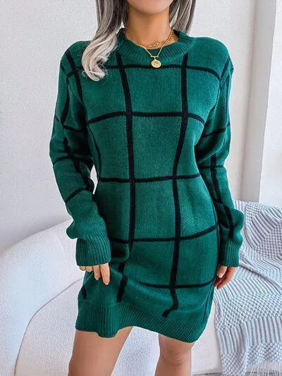 Windowpane Crew Neck Sweater Dress