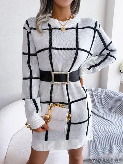 Windowpane Crew Neck Sweater Dress