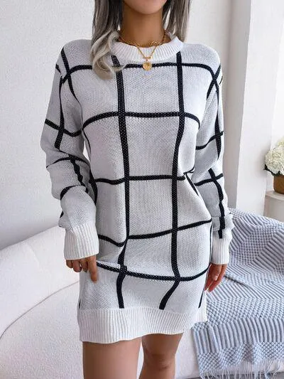 Windowpane Crew Neck Sweater Dress