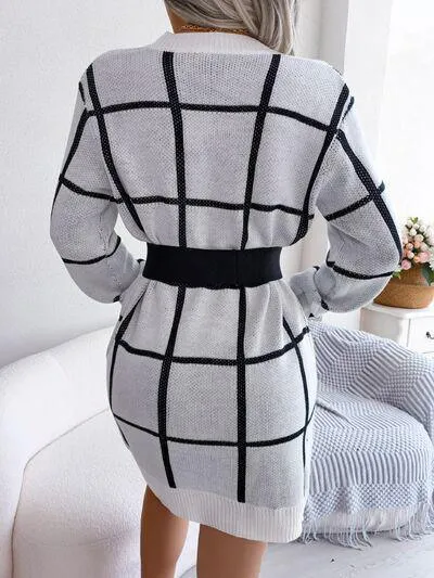 Windowpane Crew Neck Sweater Dress