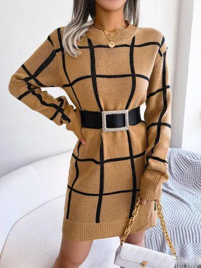 Windowpane Crew Neck Sweater Dress