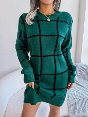Windowpane Crew Neck Sweater Dress