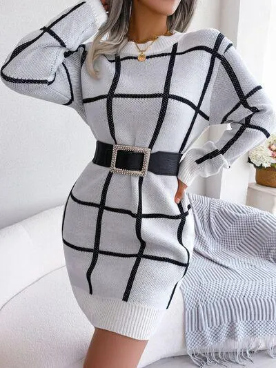 Windowpane Crew Neck Sweater Dress