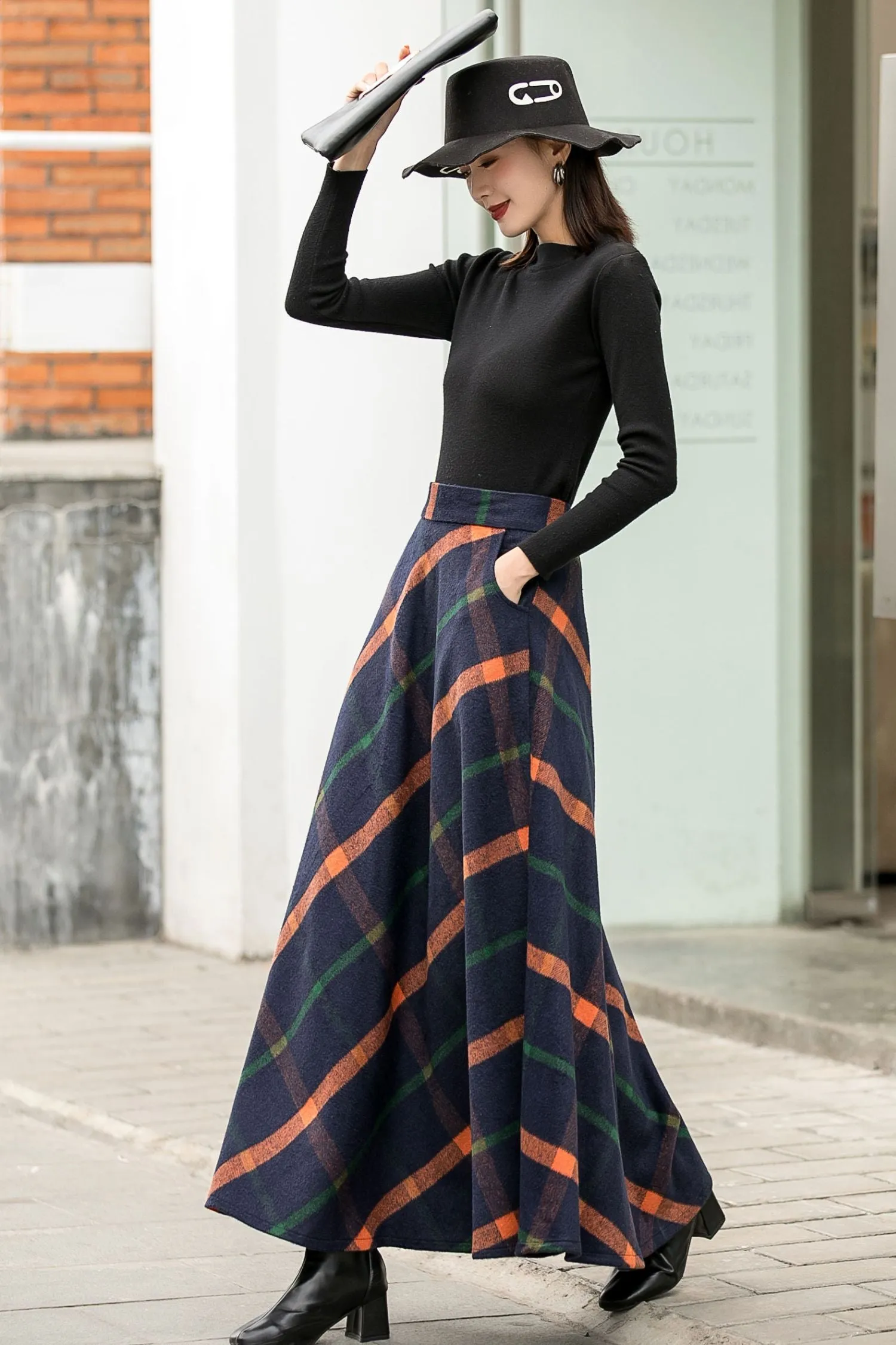 Women A-Line Pleated Plaid Wool Skirt 2838