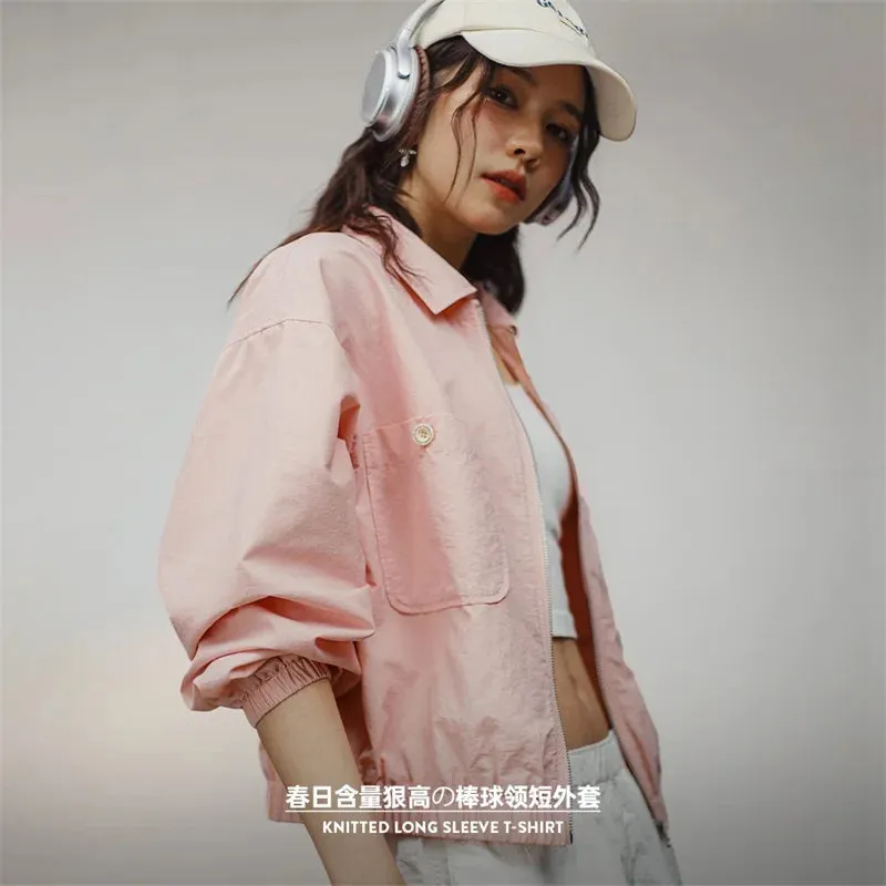 Women Baseball Collar Short Jacket Pink Baseball Clothing Jackets Spring Casual Loose Coat for Women Street Wear