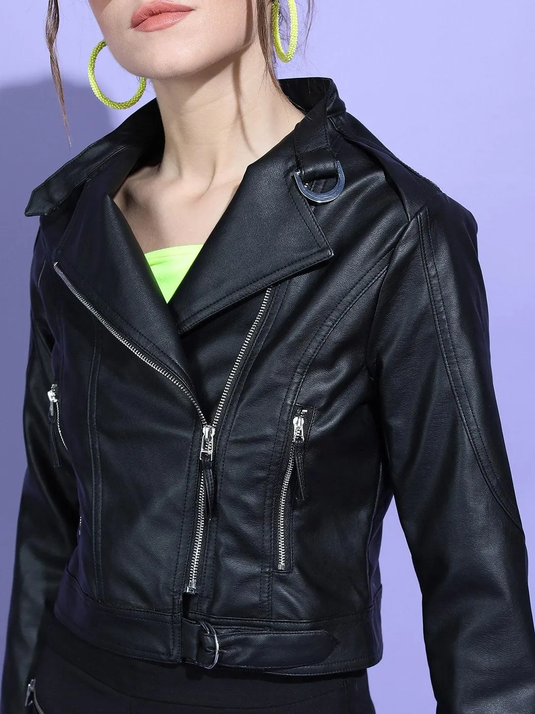 Women Black Leather Crop Biker Jacket | QAWACH