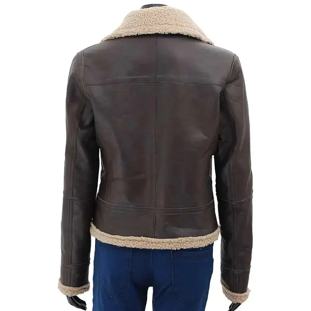 Women Dark Brown Bomber Shearling Leather Jacket
