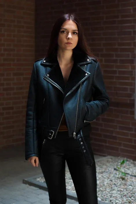 Women's Faux Shearling Lined Leather Jacket By TJS