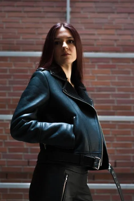 Women's Faux Shearling Lined Leather Jacket By TJS