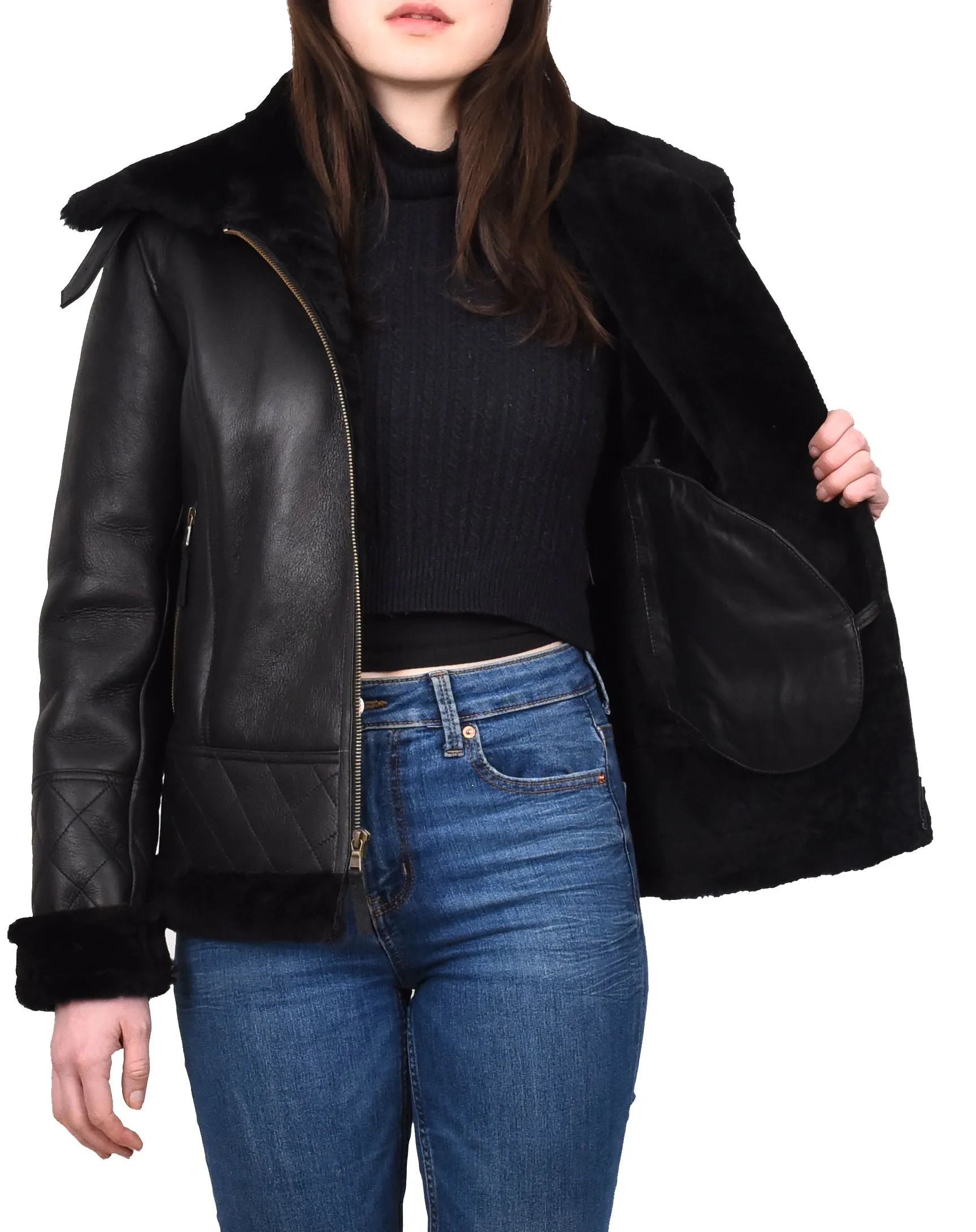 Women's Genuine Sheepskin Merino Aviator Jacket Back Laerke