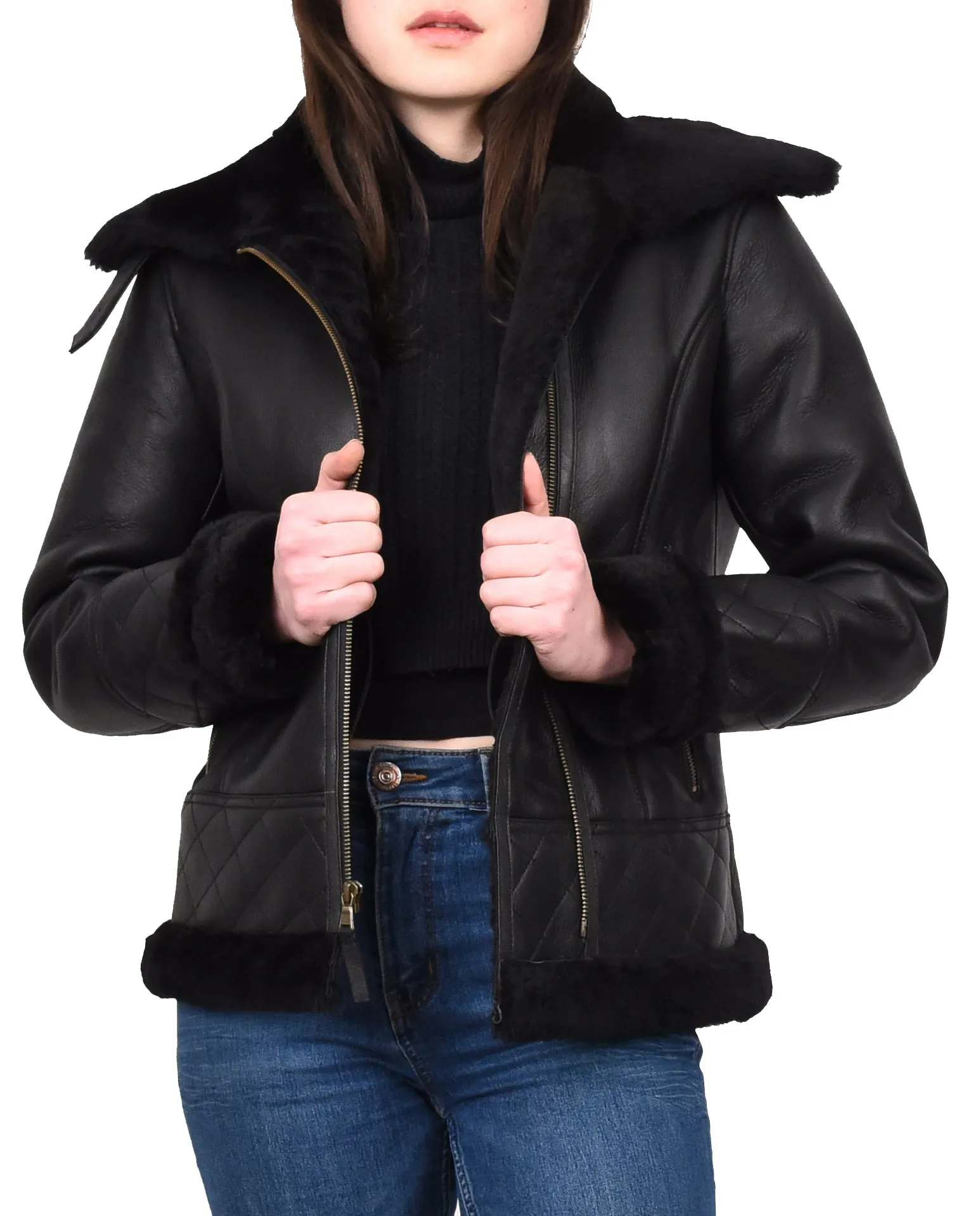 Women's Genuine Sheepskin Merino Aviator Jacket Back Laerke