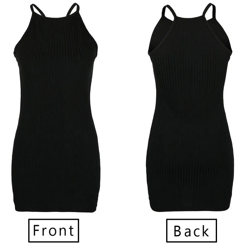 Womens Sexy Ribbed Sleeveless Off-shoulder Halter Mini Bodycon Dress