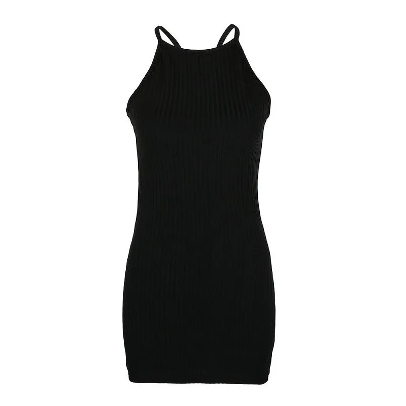 Womens Sexy Ribbed Sleeveless Off-shoulder Halter Mini Bodycon Dress
