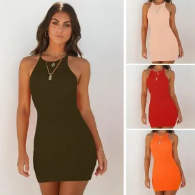 Womens Sexy Ribbed Sleeveless Off-shoulder Halter Mini Bodycon Dress