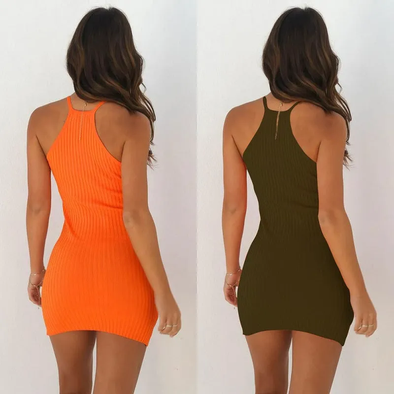 Womens Sexy Ribbed Sleeveless Off-shoulder Halter Mini Bodycon Dress