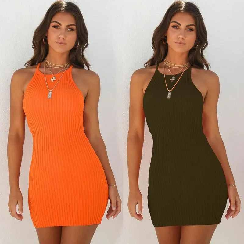 Womens Sexy Ribbed Sleeveless Off-shoulder Halter Mini Bodycon Dress