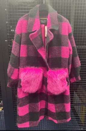 Wool Coat with Fox Fur Pockets in with Fucsia Black - AWL4002
