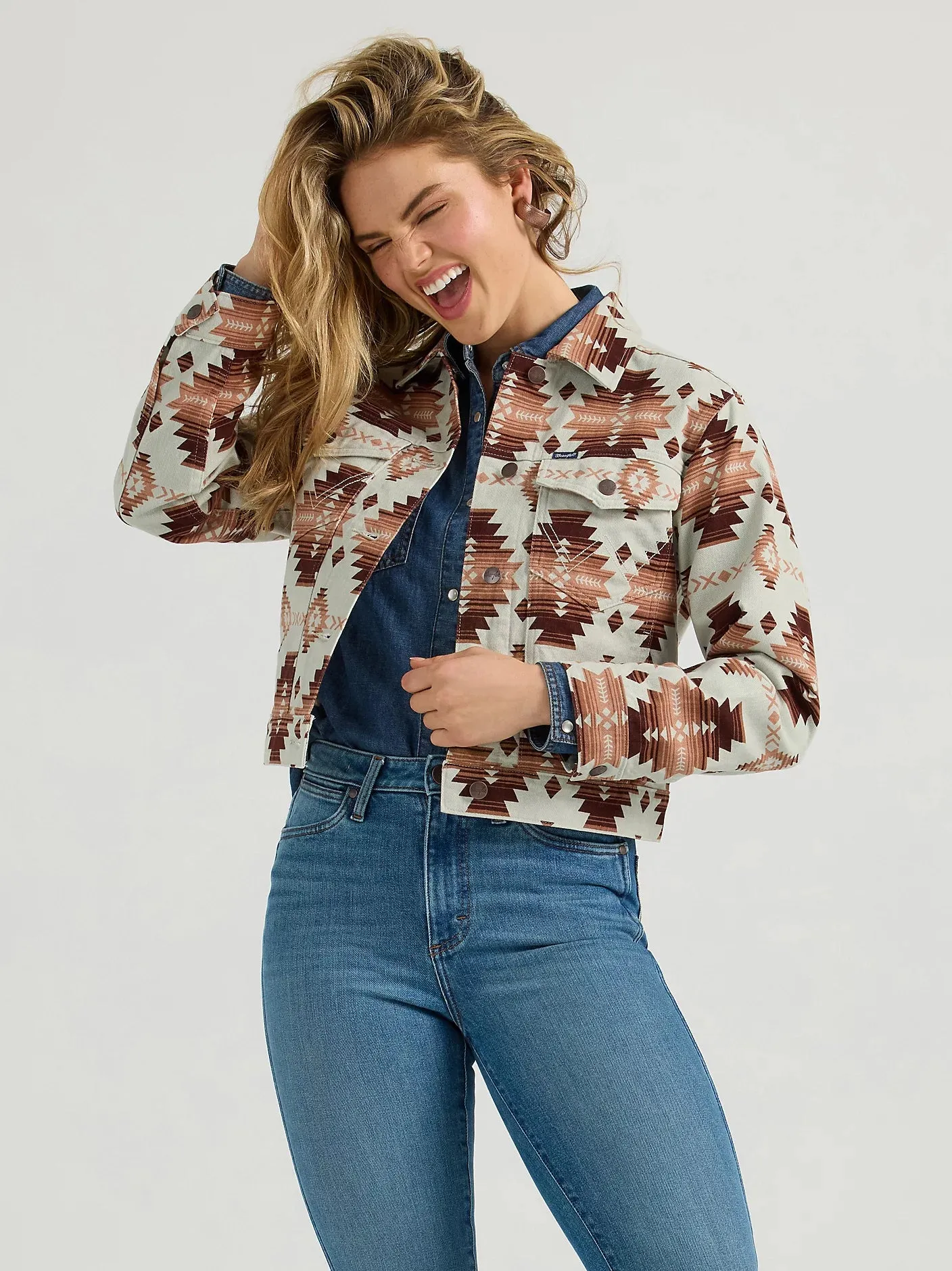Wrangler Women's Geo Brown Aztec Western Print Boyfriend Jacket 112361195
