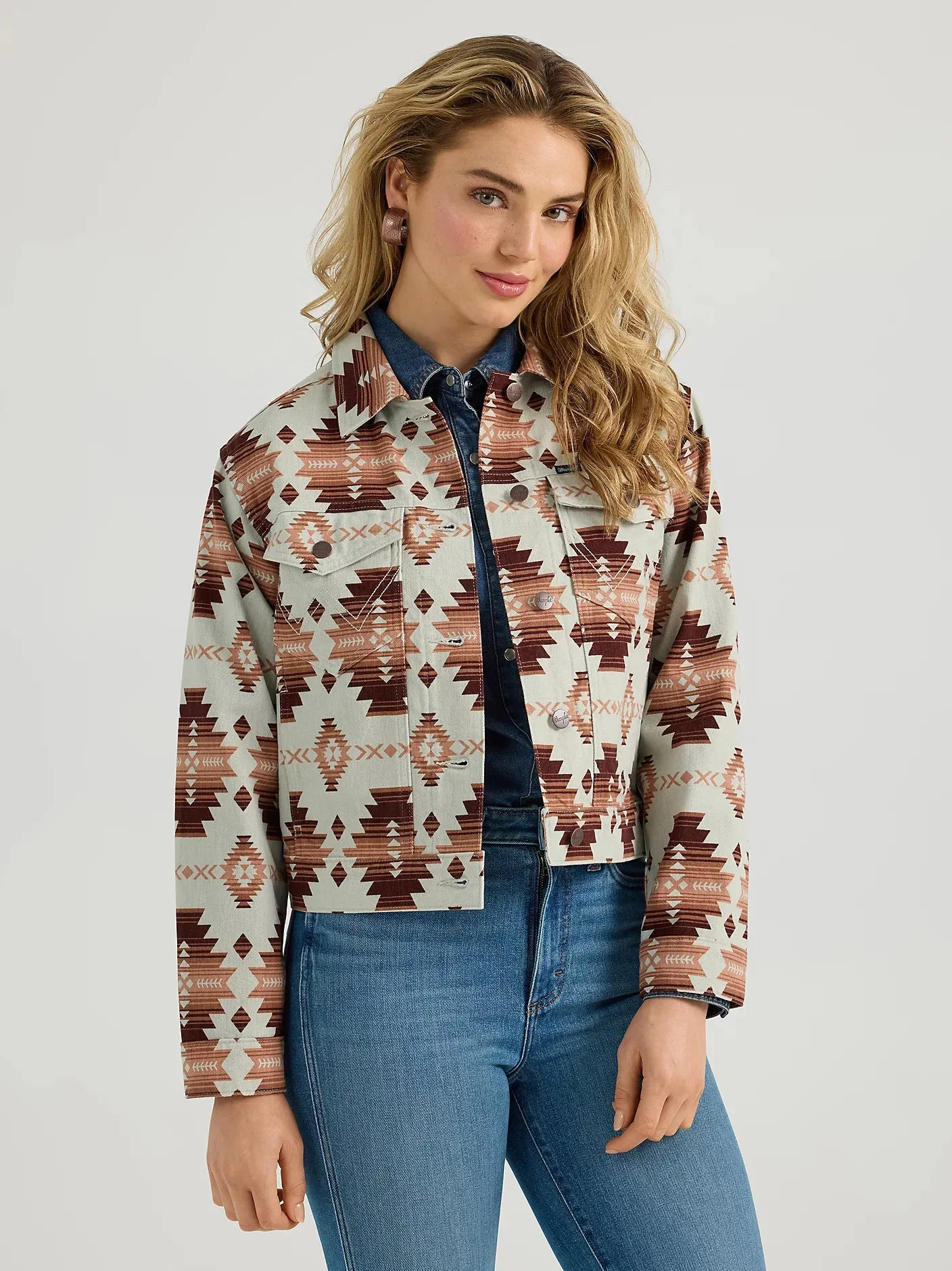 Wrangler Women's Geo Brown Aztec Western Print Boyfriend Jacket 112361195