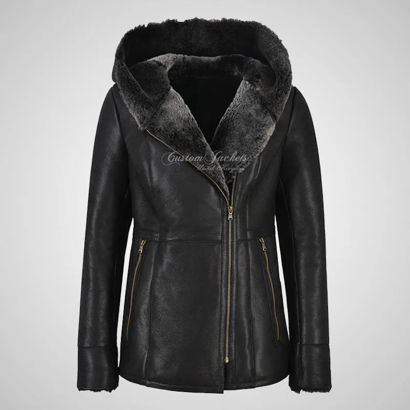 YAREN Ladies Black Sheepskin Hooded Coat Winter Grey Shearling Fur Jacket