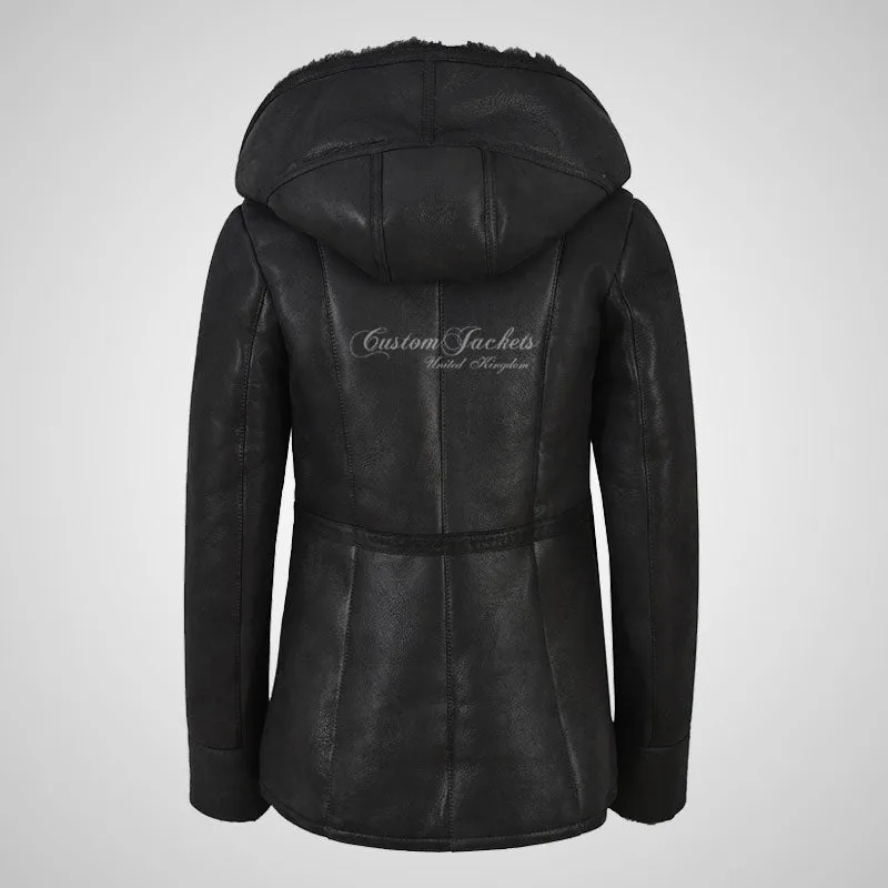 YAREN Ladies Black Sheepskin Hooded Coat Winter Grey Shearling Fur Jacket