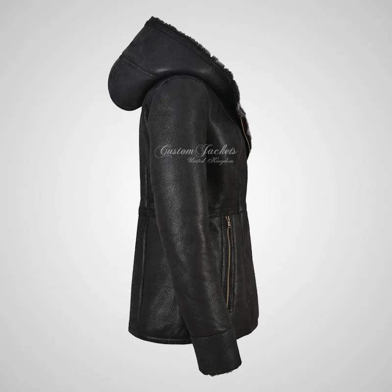 YAREN Ladies Black Sheepskin Hooded Coat Winter Grey Shearling Fur Jacket